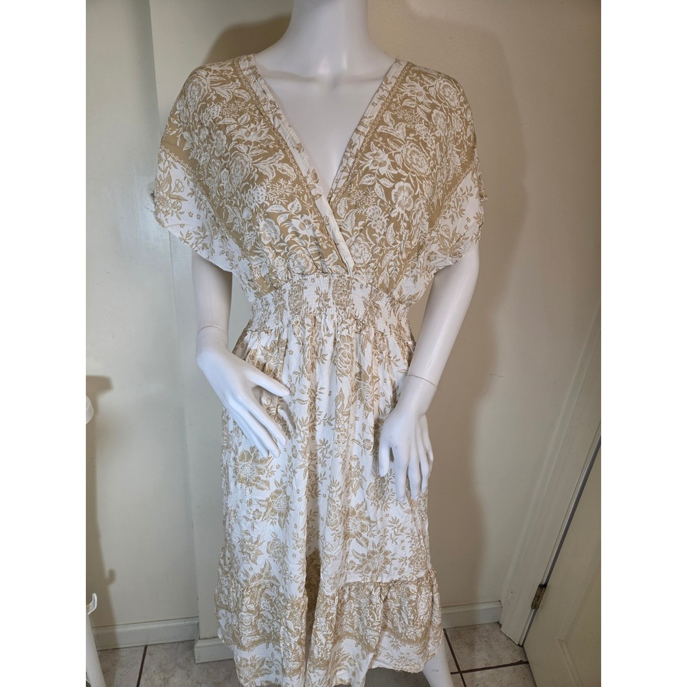 Label of‎ Love Floral Smocked Waist Midi Dress Tan White Rayon Boho V-Neck Large